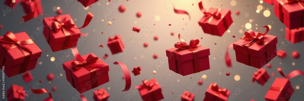 Obraz premium Red gift boxes with bows, flying, surprise holiday concept , white, wrap