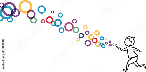 Child Chasing Soap Bubbles - Minimalist Vector Design