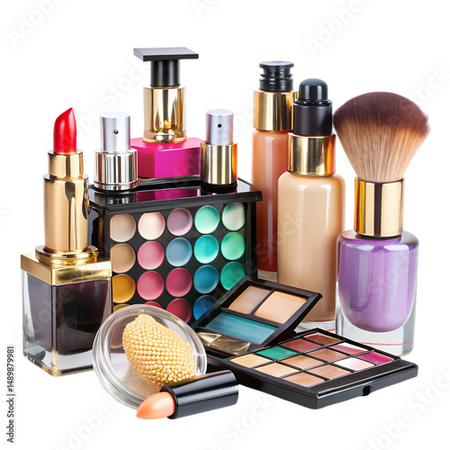 Makeup Products Cosmetics Beauty Products Skincare Eyeshadow Palette Lipstick Foundation Nail Polish isolated on transparent background