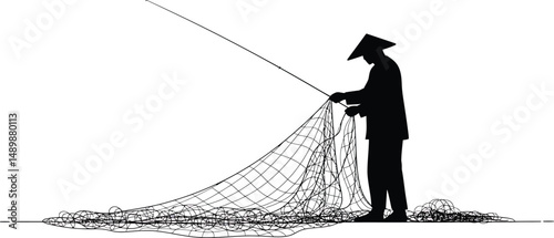 Fisherman Untangling Net - Minimalist Vector