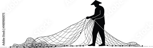 Fisherman Untangling Net - Minimalist Vector Design