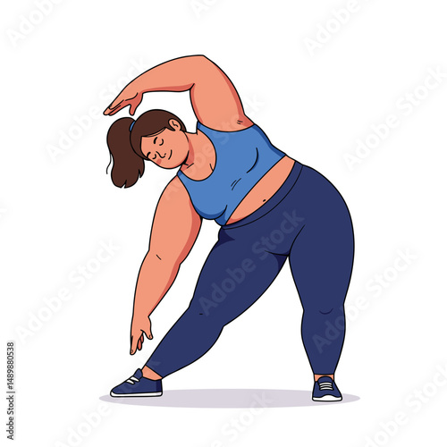 Plus-size woman stretching her body during a workout session at the gym