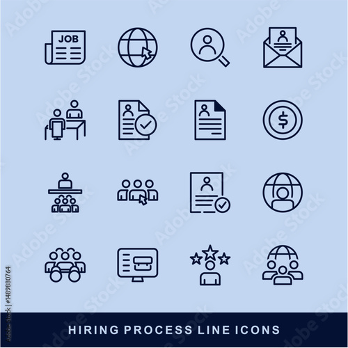 Hiring Process Line Icons. Recruitment, Job Application, Interview, Candidate Selection Vector Set