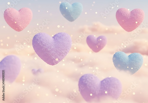 Dreamy pastel hearts float gently among fluffy clouds, evoking a sense of love and ethereal beauty.
