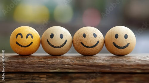 Wallpaper Mural Four smiley face balls aligned on a wooden surface creating a cheerful and positive vibe scene Torontodigital.ca