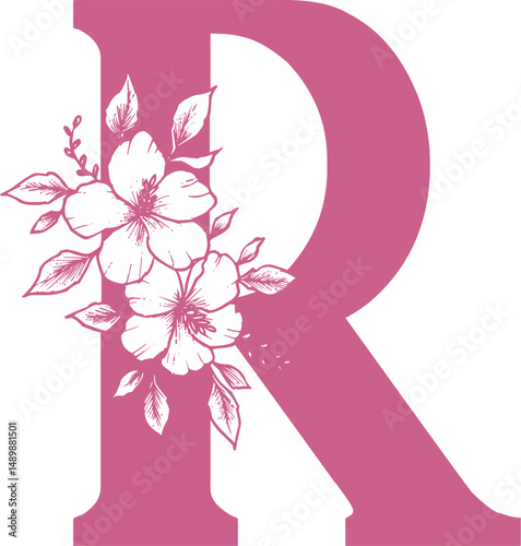Decorative pink letter R with floral design