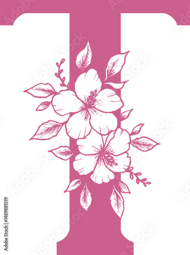 Decorative pink letter T with floral design