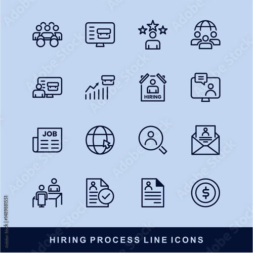 Hiring Process Line Icons. Recruitment, Job Application, Interview, Candidate Selection Vector Set