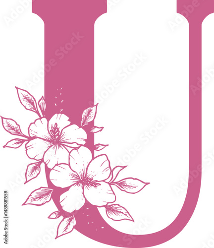 Decorative pink letter U with floral design