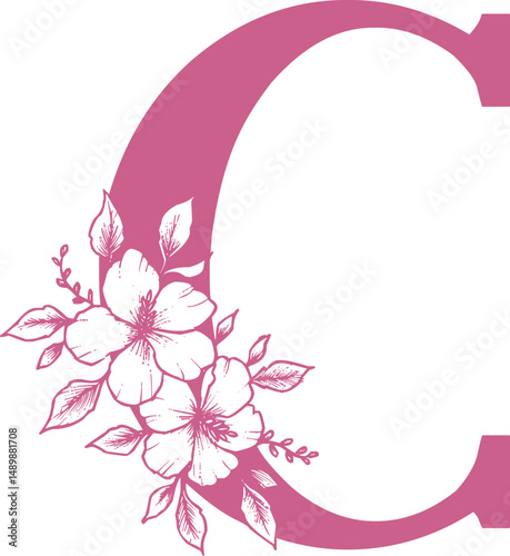 Decorative pink letter C with floral design