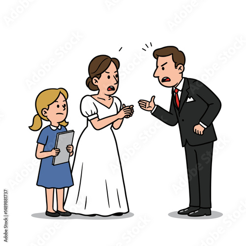 Bride and groom arguing while a young girl stands by, observing the situation