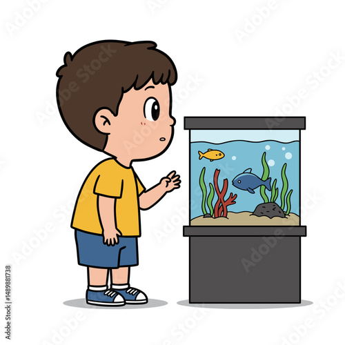 Curious boy observing fish in an aquarium, expressing wonder and fascination