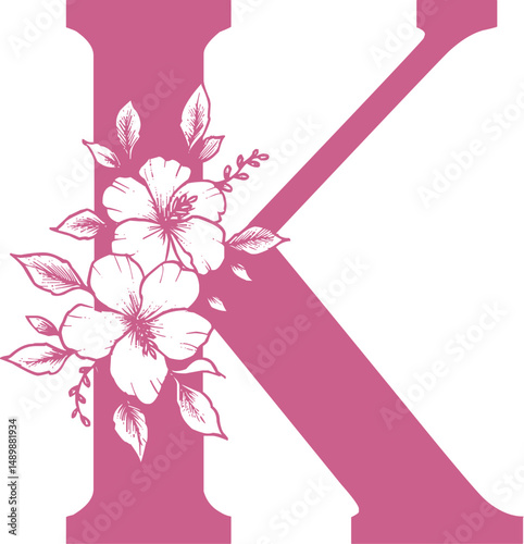 Decorative pink letter K with floral design