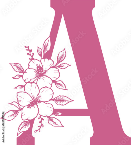 Decorative pink letter A with floral design