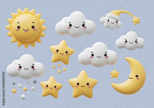 Wallpaper Mural Whimsical 3D render showcasing smiling sun, moon, stars, and clouds against a soft background. Torontodigital.ca