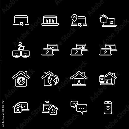 Remote Work Line Icons . Freelancer Work from Home, Video Call, Online Meeting, Teleconference Vector Set