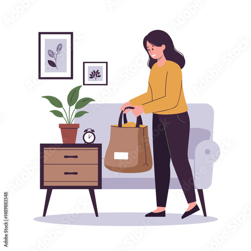 Young woman placing her bag on a table while organizing her living space at home