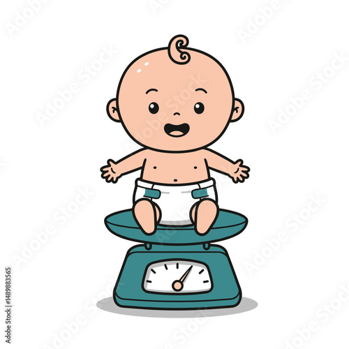 Happy baby sitting on a scale while smiling and playing