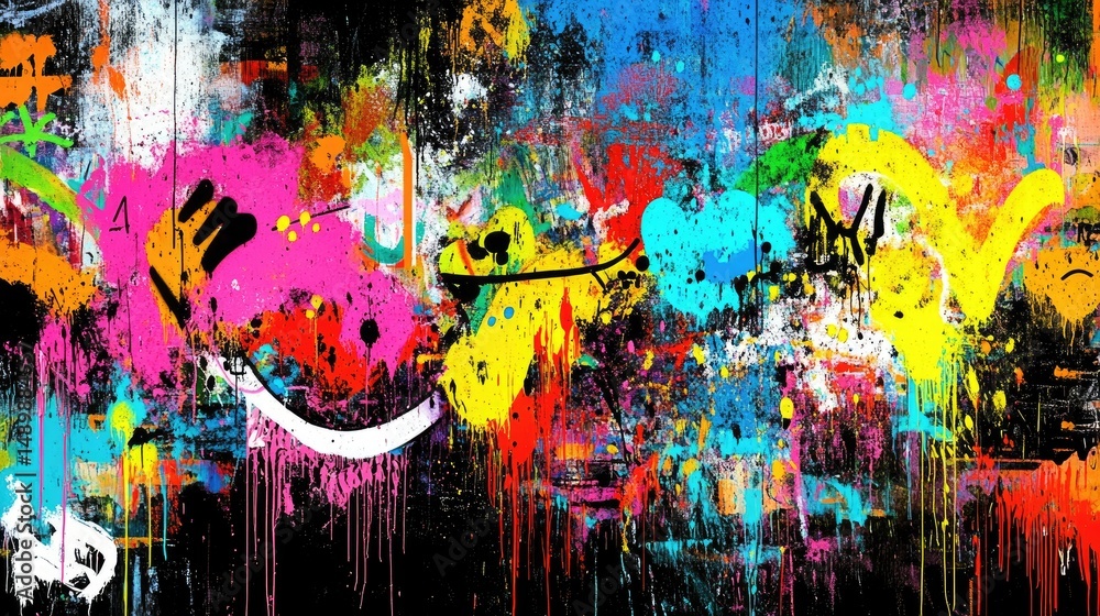 Fototapeta premium Vibrant abstract artwork featuring dynamic splashes and drips of multicolored paint on a dark background