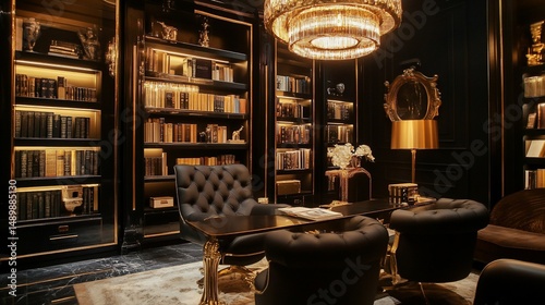 Elegant Home Library with Black Bookshelves and Crystal Chandelier Lighting