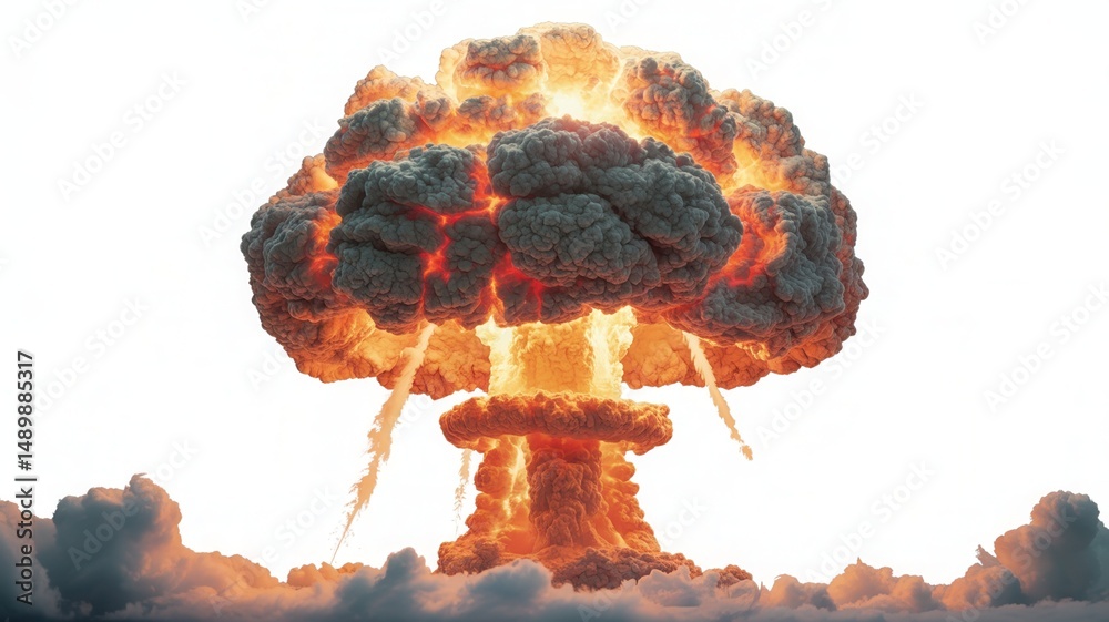 Obraz premium Massive Nuclear Explosion Mushroom Cloud Isolated on White Background, Atomic Bomb Blast, Devastating Destruction, Powerful Fallout, Nuclear Disaster, High-Impact Explosion, Isolated Atomic Cloud