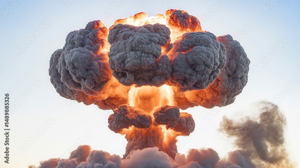Obraz premium Massive Nuclear Explosion Mushroom Cloud Isolated on White Background, Atomic Bomb Blast, Devastating Destruction, Powerful Fallout, Nuclear Disaster, High-Impact Explosion, Isolated Atomic Cloud