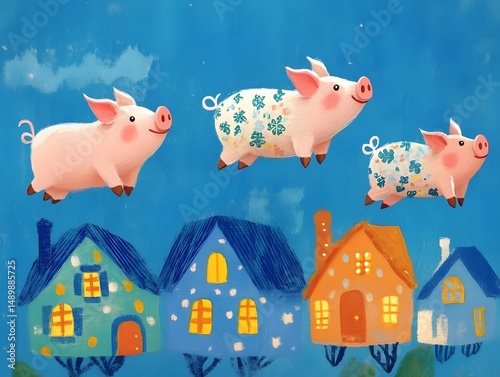 Whimsical illustration of three flying pigs above colorful houses