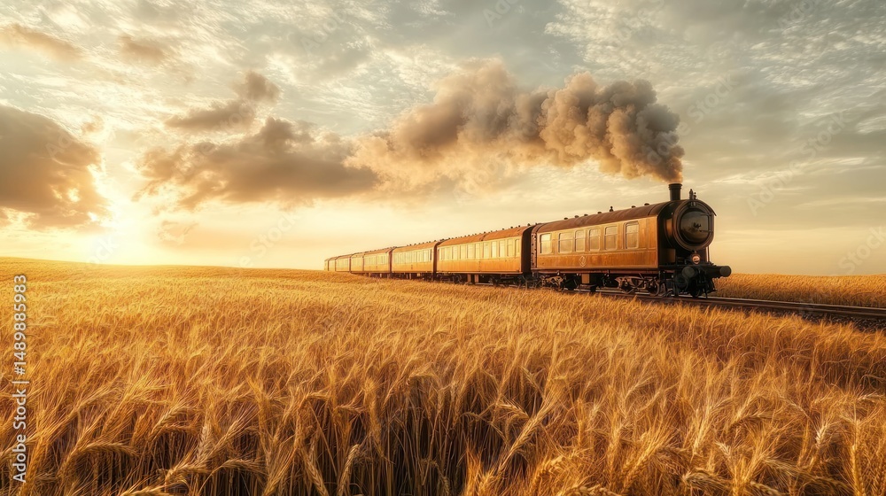 Fototapeta premium Sunset steam train journey across golden wheat field