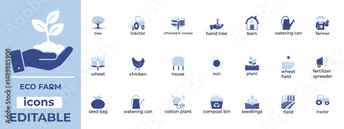 Eco Farm vector icon set editable, clean line art for agriculture, organic farming, and eco friendly design projects.