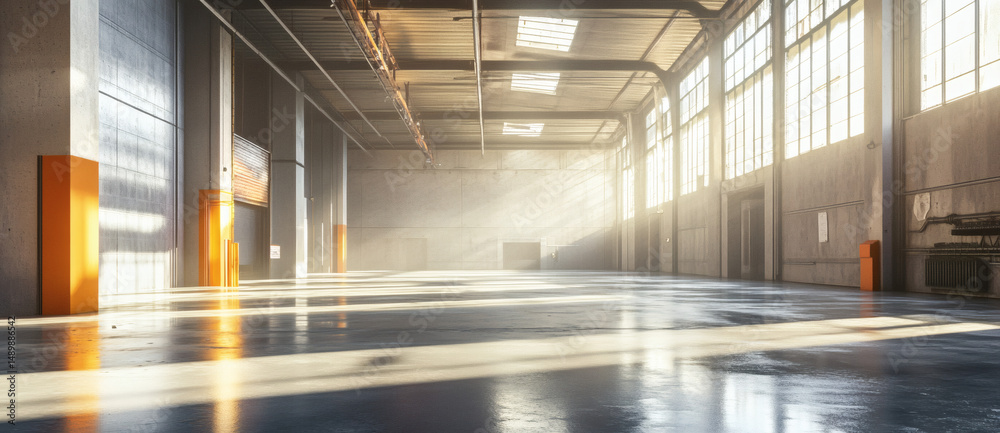 Fototapeta premium Future factory with polished concrete floor spacious display area for industrial