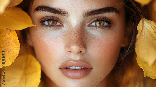 Close-up portrait of beautiful Caucasian woman with hazel eyes and freckles, surrounded by yellow autumn leaves, soft light, natural makeup, minimal composition, copy space


