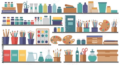 Art Supplies Collection on Shelves. Flat Design Illustration of Creative Studio Workspace with Paints, Brushes, and Tools.