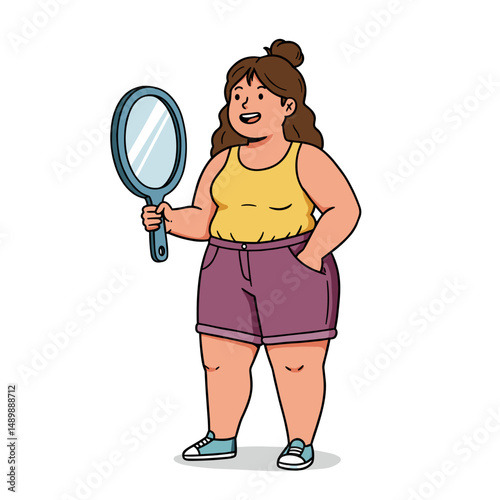 Confident plus-size woman holding a mirror while embracing her body positivity
