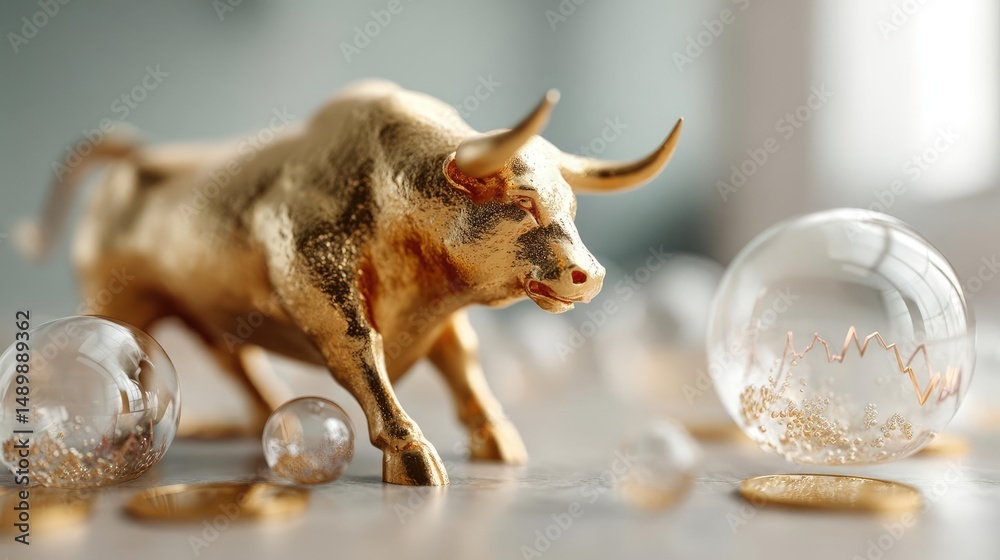 Fototapeta premium Gold bull investment in chart and economy concept. Golden bull figurine surrounded by sparkling bubbles and reflections.
