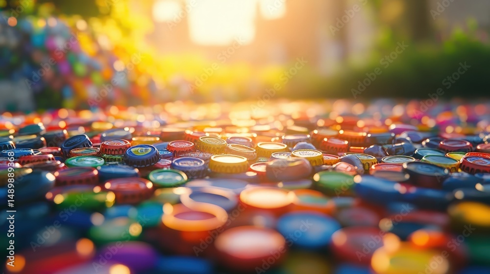 Obraz premium Colorful shiny buttons scattered on a vibrant surface in soft sunlight, creating a playful and joyful atmosphere outdoors.