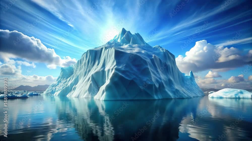 custom made wallpaper toronto digitalA massive blue iceberg floats serenely in calm Arctic waters under a dramatic, sunlit sky with billowing clouds.