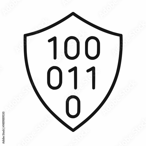 Outlined shield with binary code — digital data protection.