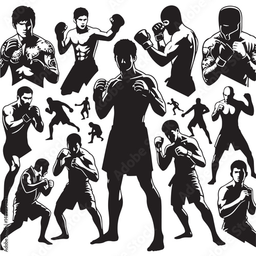 Mixed Martial Arts (MMA) Silhouette line art vector illustration on white background