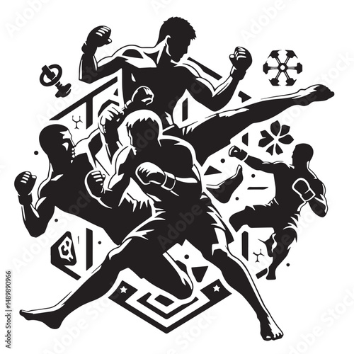 Mixed Martial Arts (MMA) Silhouette line art vector illustration on white background