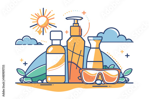 Composition with natural organic cosmetic products in bottles, tubes and jars for skin care and mirror on a shelf. Skincare routine set. Flat cartoon vector illustration.