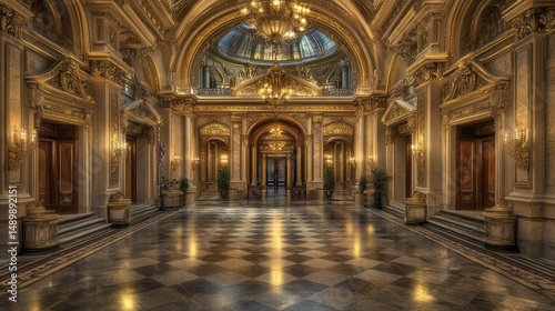 Grand palace hall interior, marble floor, opulent decor, background light, event venue