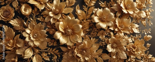 Luxurious gold floral backdrop; elegant blooms & leaves  ,  ornate,  frame
