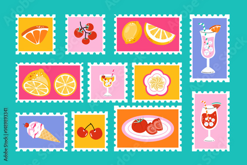 Playful summer fruit and cocktail stamps in colorful retro style, ideal for postcards, packaging, background, wall art, and travel themed designs.  Vector illustration.