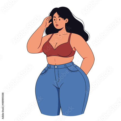 Illustration of a curvy young woman in casual clothing on a white background for body positivity and fashion concepts
