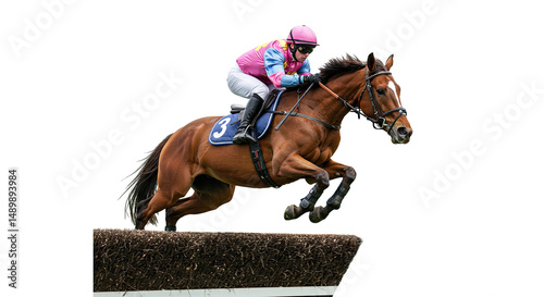 Horse jockey jumping with his horse on isolated background
