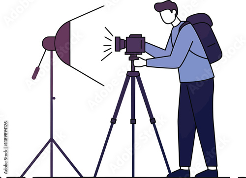 Content Creator Setting Up Camera - Minimalist Vector