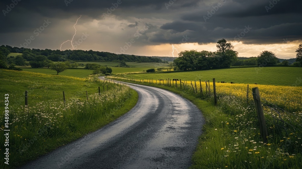 Naklejka premium Winding Road through Green Fields Under Stormy Clouds with Lightning in the Distance