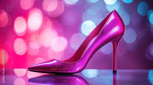 Sparkling Pink High Heel Shoe Against Colorful Bokeh Background