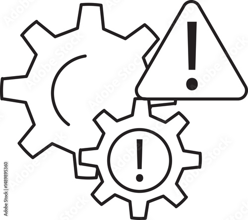 Black and white illustration features two gears and warning sign with exclamation marks, symbolizing mechanical issues or system alerts. design is simple and conveys sense of caution