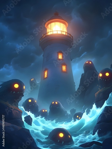 Spooky monsters with glowing eyes surround stormy lighthouse at night